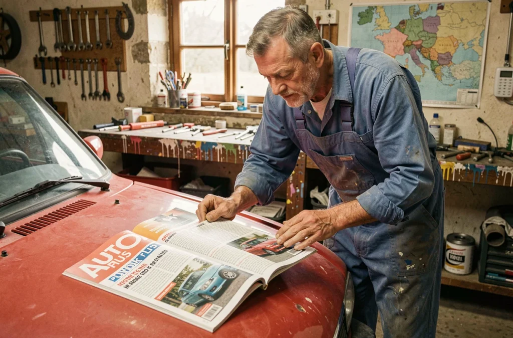 Carrossier indépendant breton consultant un classement Auto Plus des meilleurs carrossiers dans son atelier traditionnel