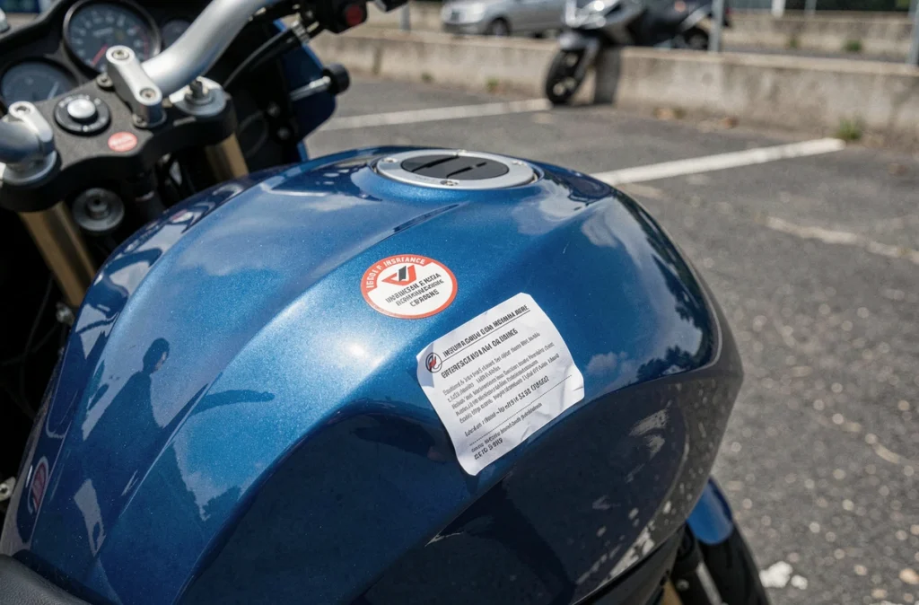 Gros plan sur le certificat d'assurance moto et la vignette apposée sur un réservoir de moto, symbolisant la couverture Club 14