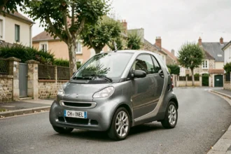 Chatenet d'occasion garée dans une rue résidentielle française, vue de trois quarts avant