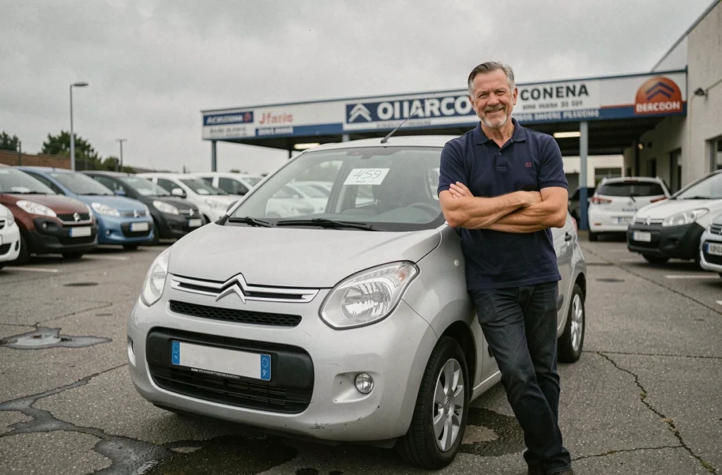 Vendeur automobile appuyé sur une Citroën Ami d'occasion avec étiquette de prix dans un lot de concessionnaire