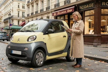 Femme consultant une brochure de prix à côté d'une Citroën Ami neuve garée dans une rue parisienne