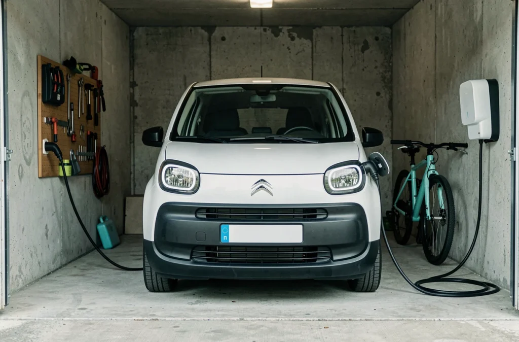 Citroën Ami branchée sur une borne de recharge domestique dans un garage résidentiel