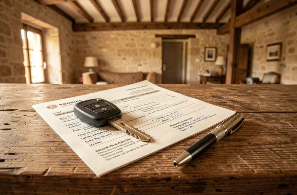 Clé de voiture et contrat d'assurance auto posés sur une table en bois à Bergerac