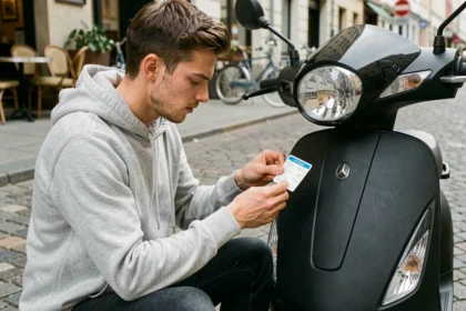 Homme collant une vignette d'assurance scooter sur le bord d'une rue pavée en ville