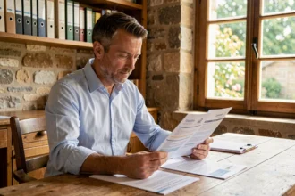 Homme comparant des offres d'assurance auto à Bergerac dans un bureau en pierre