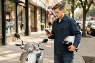 Jeune homme comparant des offres d'assurance scooter 125 sur son smartphone en milieu urbain