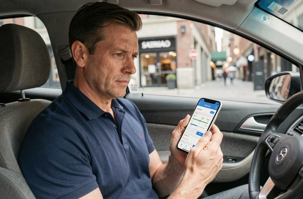 Homme utilisant une application de comparaison d'assurance auto sur smartphone depuis son véhicule