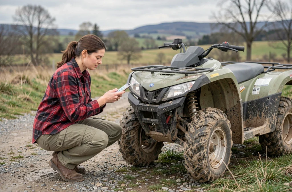 Femme consultant un comparateur d'assurance quad sur smartphone à côté de son véhicule tout-terrain en plein air