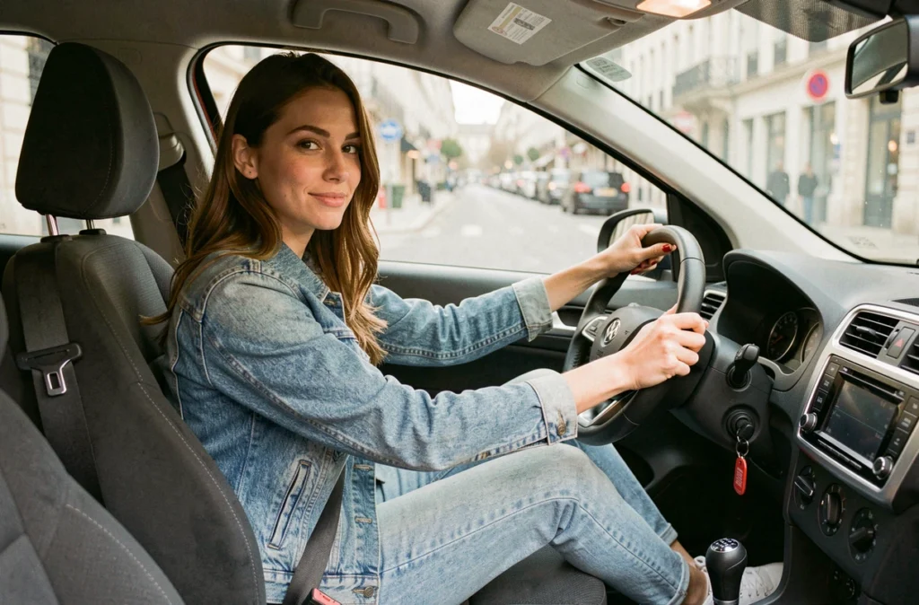 Jeune femme au volant d'une voiture sans permis dans les rues de Rennes