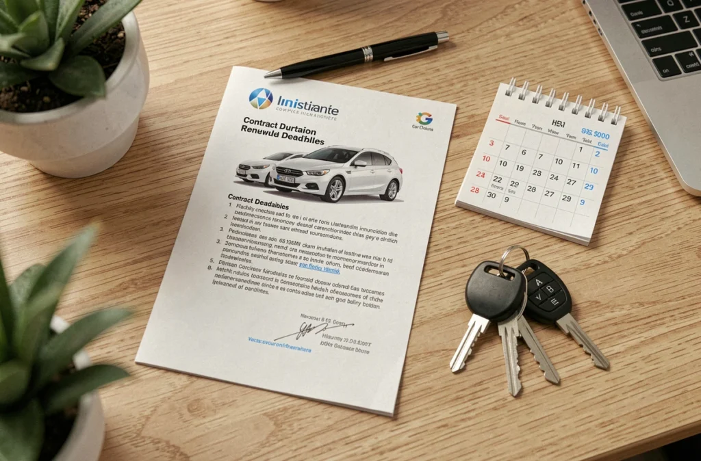 Vue de dessus d'un bureau avec un contrat d'assurance auto, un stylo, un calendrier et des clés de voiture