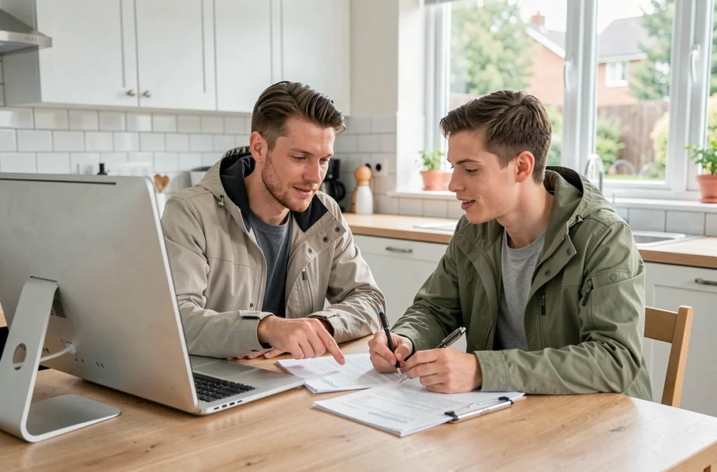 Couple comparant des devis d'assurance quad en ligne sur un ordinateur de bureau dans une cuisine moderne