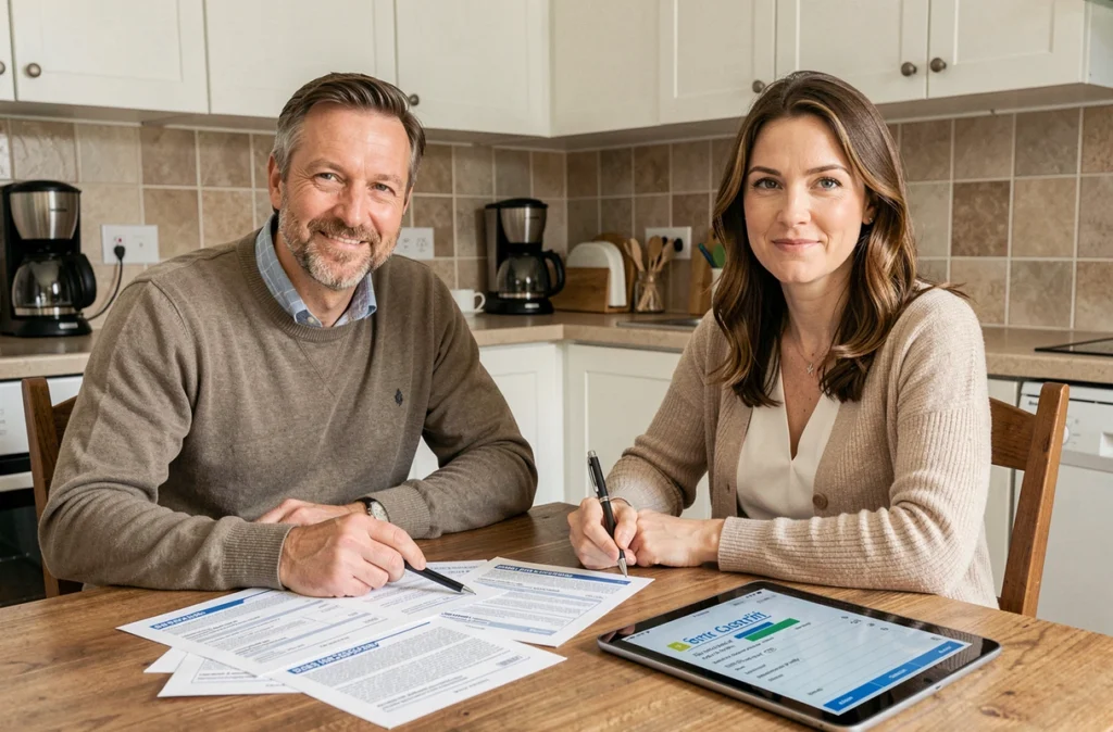 Couple comparant des devis d'assurance auto avec documents imprimés et tablette sur une table de cuisine