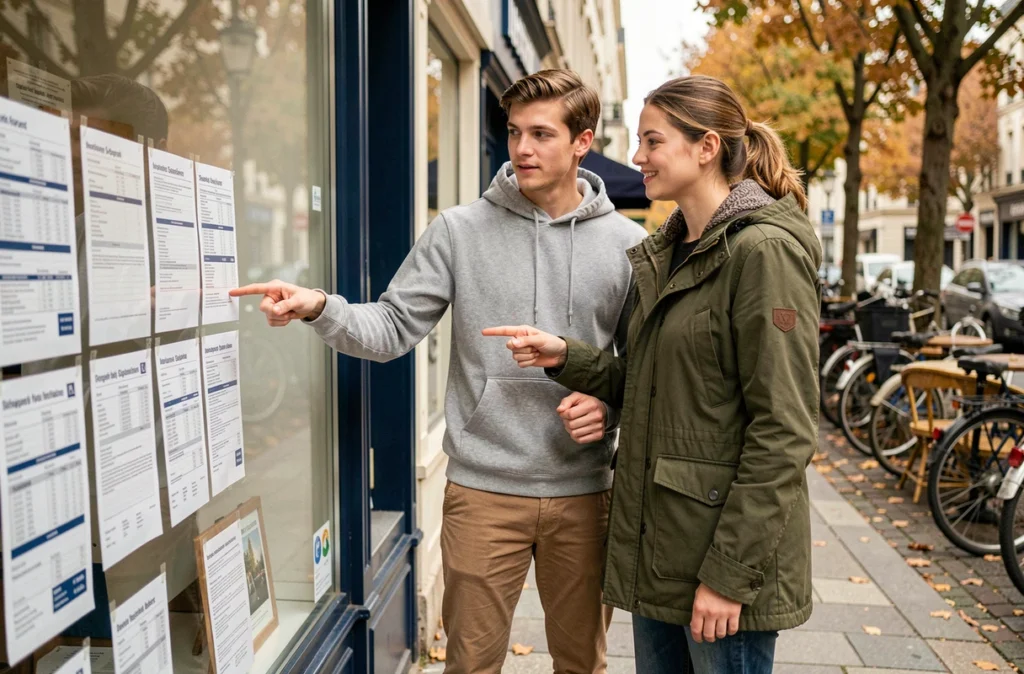 Couple examinant les tarifs d'assurance scooter 125 affichés devant une agence d'assurance en ville