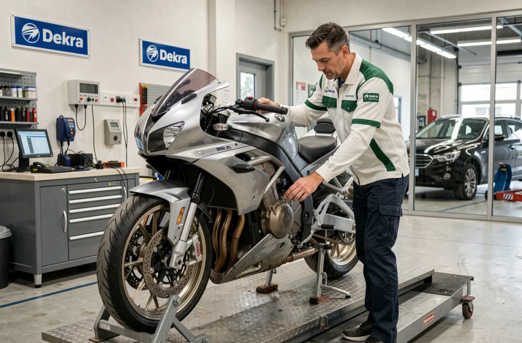 Technicien Dekra inspectant une moto sur une plateforme spécialisée dans le centre auto-moto de Levallois-Perret