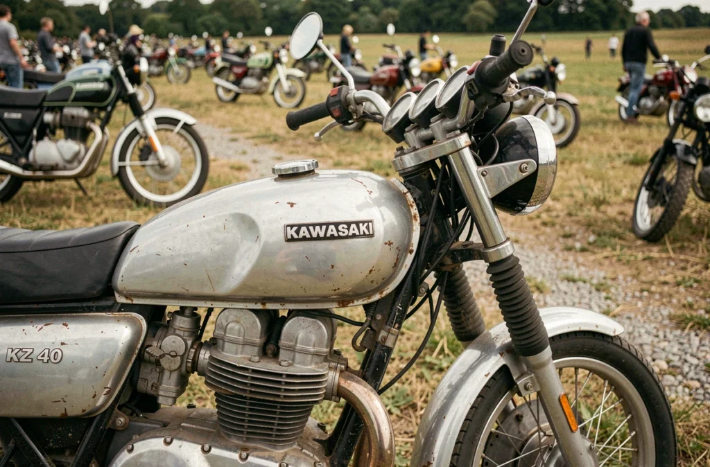 Détail du réservoir et du moteur d'une Kawasaki KZ 400 vintage lors d'un rassemblement de motos classiques en France