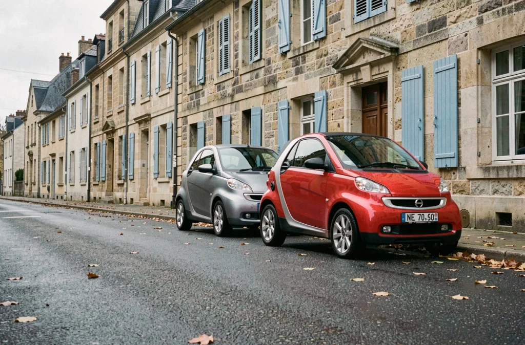 Deux voitures sans permis garées dans une rue résidentielle typique de Limoges