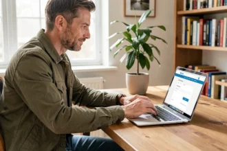 Homme remplissant un formulaire de devis d'assurance quad en ligne sur un ordinateur portable dans un bureau à domicile