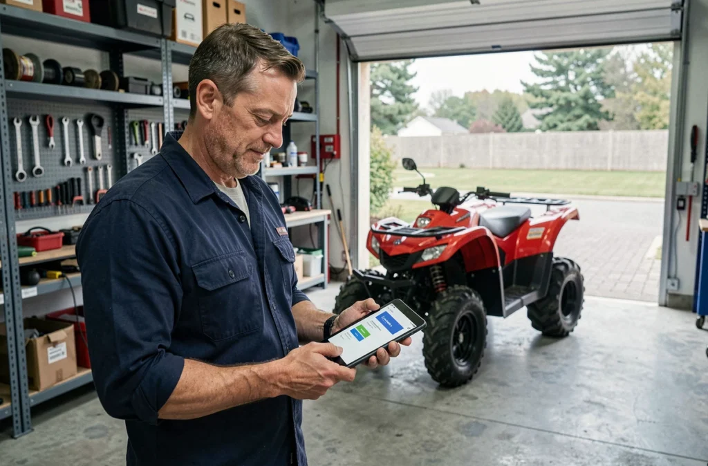 Mécanicien demandant un devis d'assurance quad en ligne sur une tablette dans un garage avec un quad rouge en arrière-plan