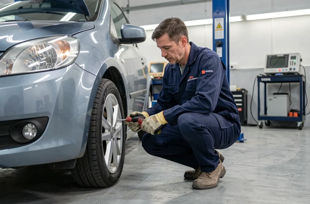 Technicien en uniforme effectuant un contrôle technique sur une berline dans un garage de Châtenay-Malabry