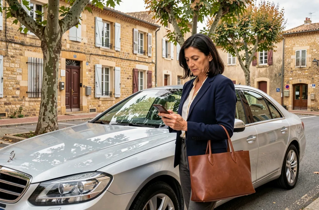 Femme consultant une application d'assurance auto près de sa voiture à Bergerac