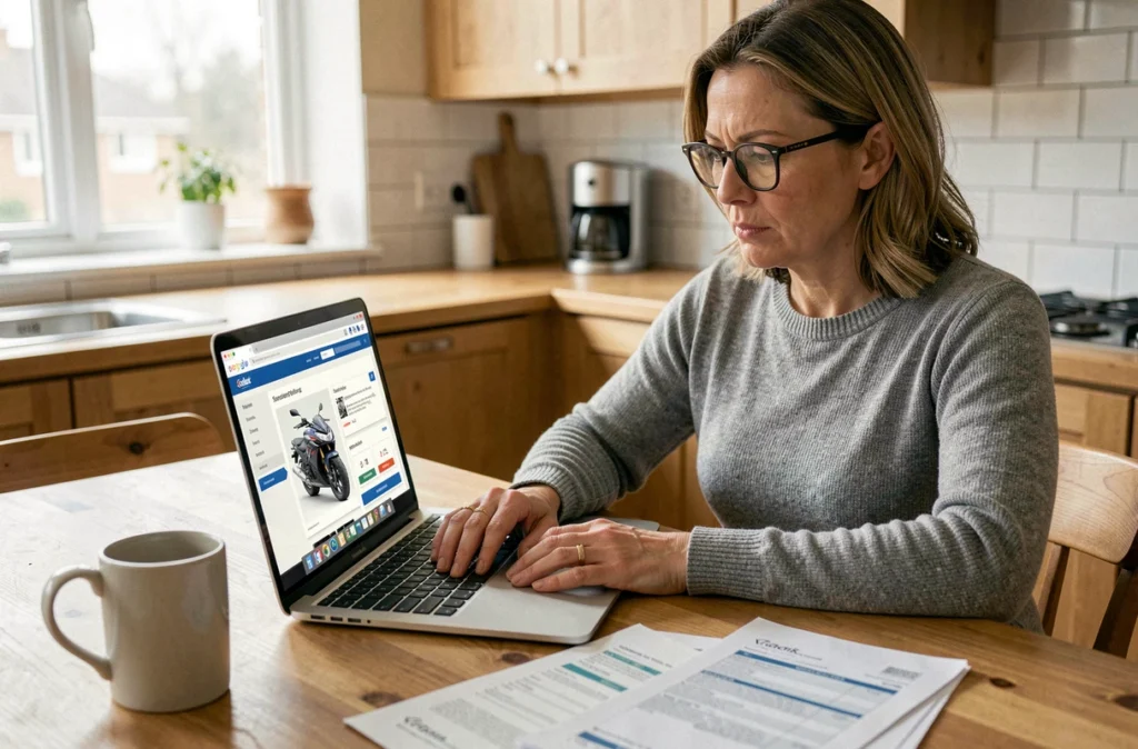 Femme comparant des offres d'assurance moto en ligne sur ordinateur portable, représentant la recherche de la meilleure couverture Club 14
