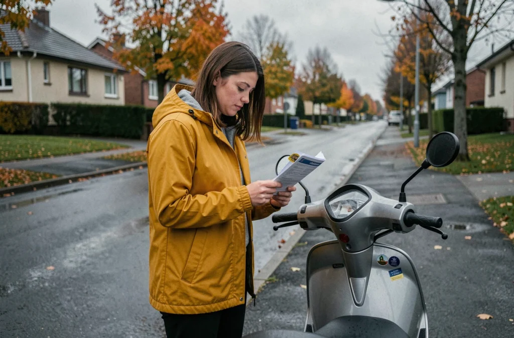 Femme consultant son certificat d'assurance avant de coller la vignette sur son scooter gris en banlieue