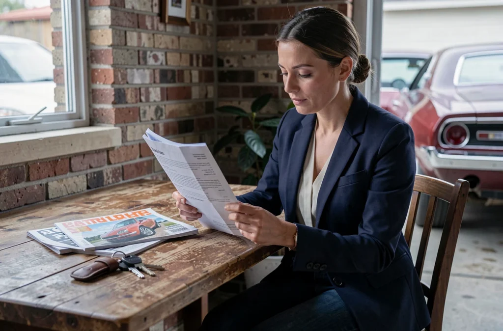 Femme de 30 ans consultant des documents d'assurance pour voiture de collection à la maison, avec des clés de voiture vintage et une revue automobile sur la table