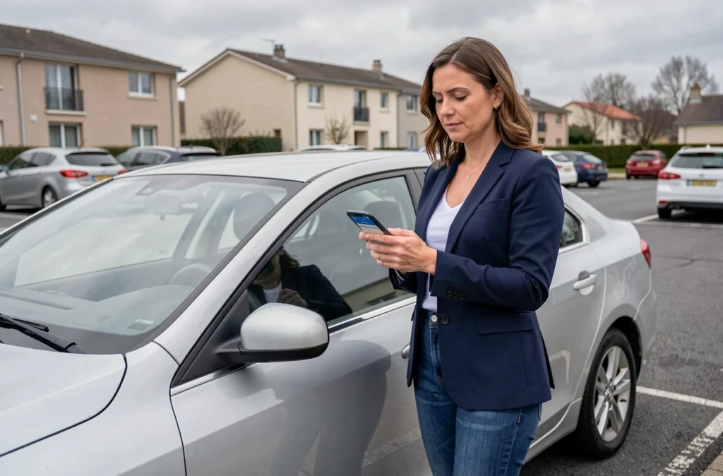 Femme debout à côté de sa voiture en parking consulte son assurance auto sur smartphone