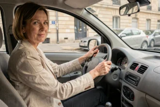 Femme conduisant une voiture sans permis à essence dans un environnement urbain