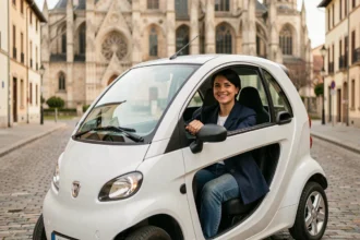 Femme souriante au volant d'une voiture sans permis à Limoges devant la cathédrale Saint-Étienne