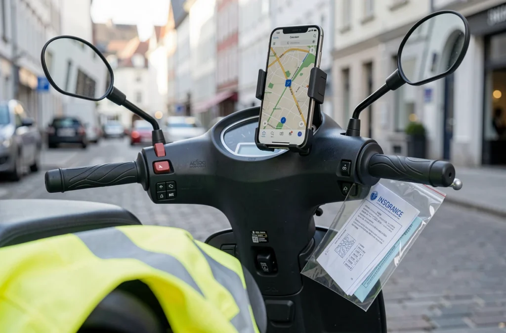 Détail du guidon d'un scooter de livraison avec attestation d'assurance et application GPS montée