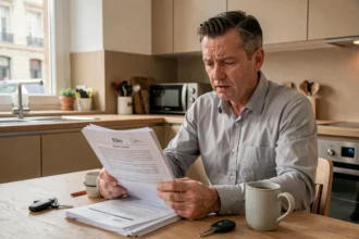 Homme consultant des documents d'assurance auto à une table de cuisine, clés de voiture posées à côté