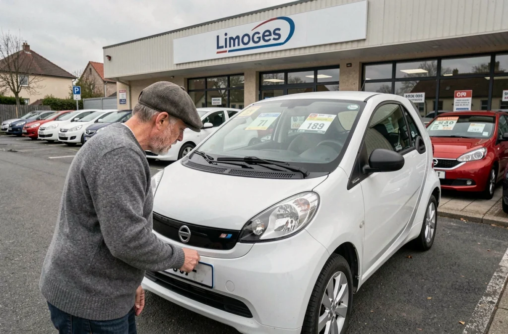 Homme inspectant une voiture sans permis d'occasion dans un concessionnaire de Limoges