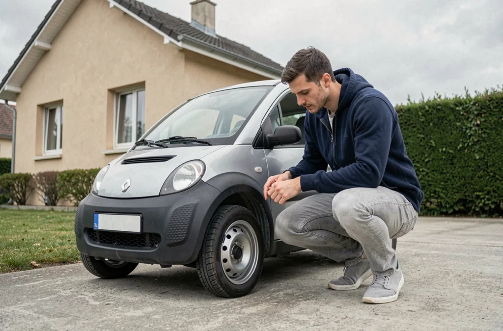 Homme inspectant une voiture sans permis à essence garée dans une allée pavillonnaire