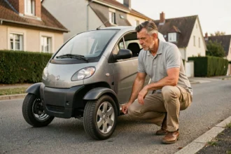 Homme inspectant une voiture sans permis d'occasion garée dans une rue résidentielle française