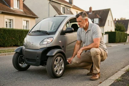 Homme inspectant une voiture sans permis d'occasion garée dans une rue résidentielle française