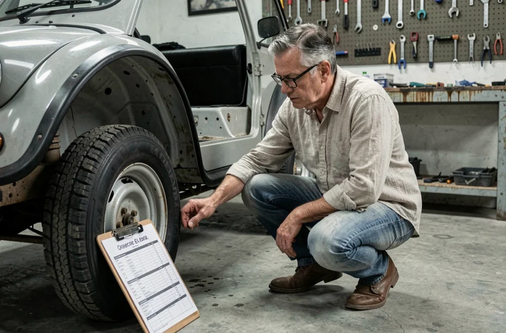 Un homme inspecte le châssis d'une Mini Moke dans un garage lors d'une vérification avant achat, avec une checklist posée contre la roue, illustrant les étapes clés pour sécuriser l'achat d'une Mini Moke en 2026