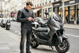 Jeune conducteur debout à côté d'un Yamaha TMAX 530 gris en ville, consultant son smartphone pour comparer des assurances moto