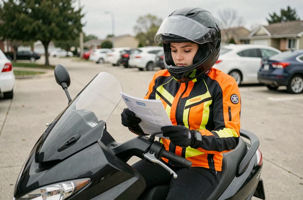Jeune femme assise sur un TMAX 530 en zone pavillonnaire, lisant des documents d'assurance moto avec attention