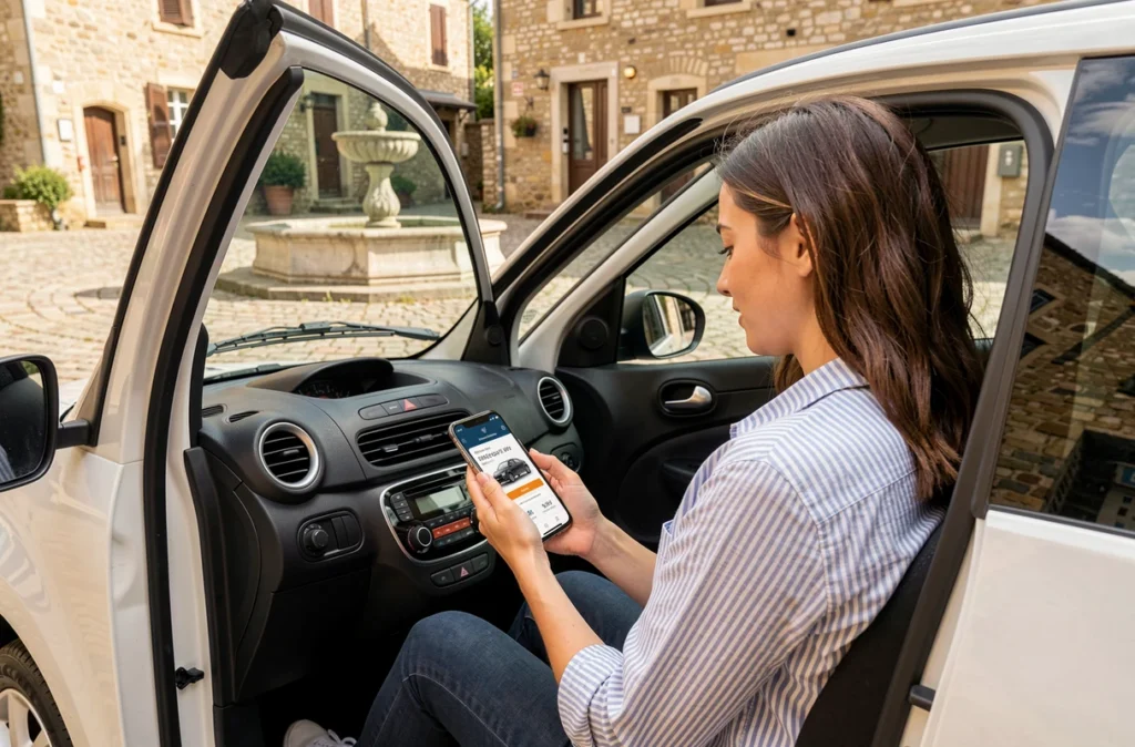 Jeune femme comparant les prix de voitures sans permis d'occasion sur smartphone dans un village français