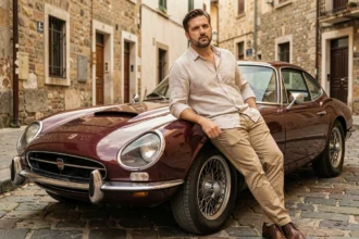 Jeune homme de 30 ans appuyé contre une voiture de collection des années 1960 sur une rue pavée, illustrant l'assurance voiture de collection pour jeunes propriétaires