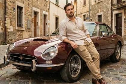 Jeune homme de 30 ans appuyé contre une voiture de collection des années 1960 sur une rue pavée, illustrant l'assurance voiture de collection pour jeunes propriétaires