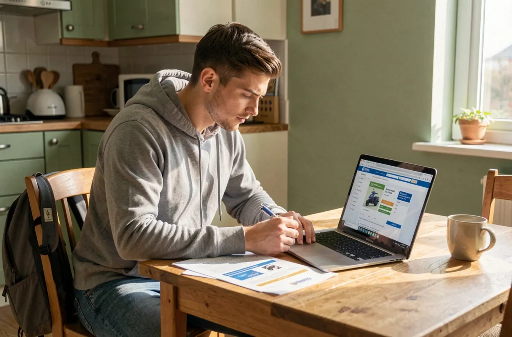 Livreur à domicile comparant des offres d'assurance scooter sur ordinateur avec des documents papier