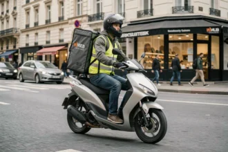 Livreur Uber Eats en scooter 125cc dans une rue parisienne avec sac isotherme et casque intégral