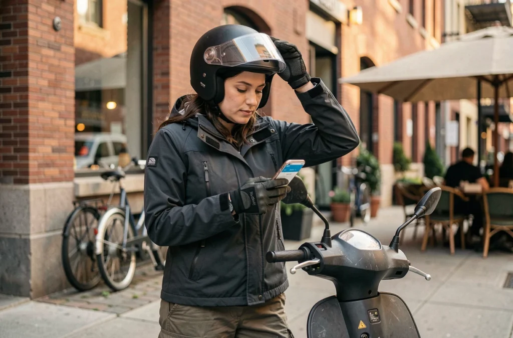 Livreuse en scooter consultant l'application de livraison sur son téléphone lors d'une pause en ville