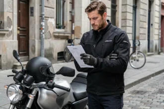 Motard tenant un document d'assurance moto devant sa moto garée en ville, illustrant la comparaison des offres du Club 14