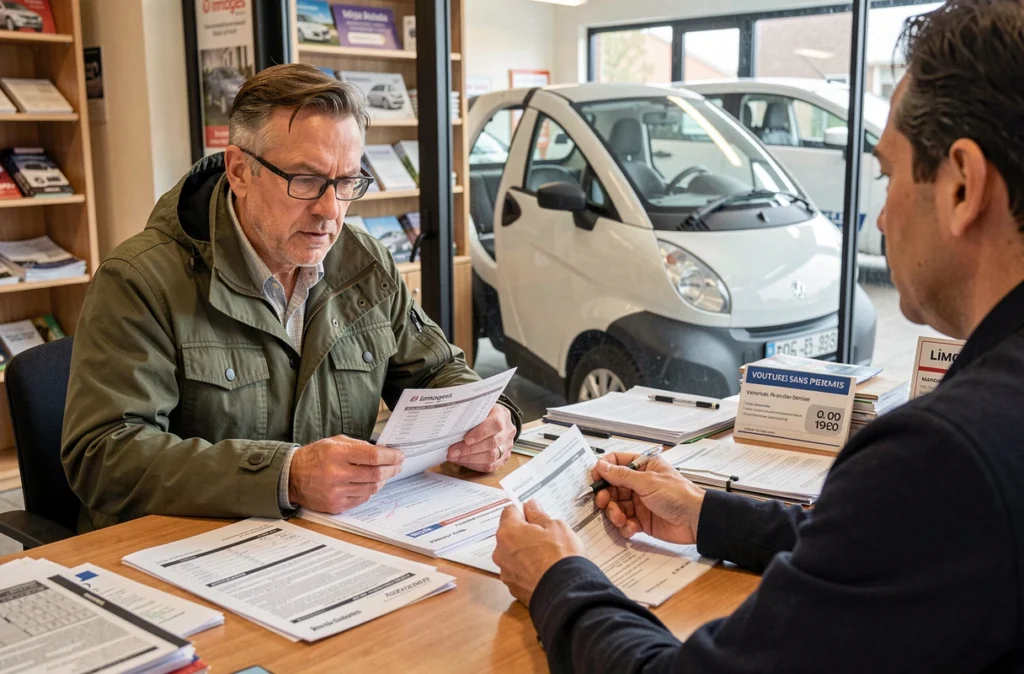 Homme en train de négocier le prix d'une voiture sans permis chez un vendeur à Limoges