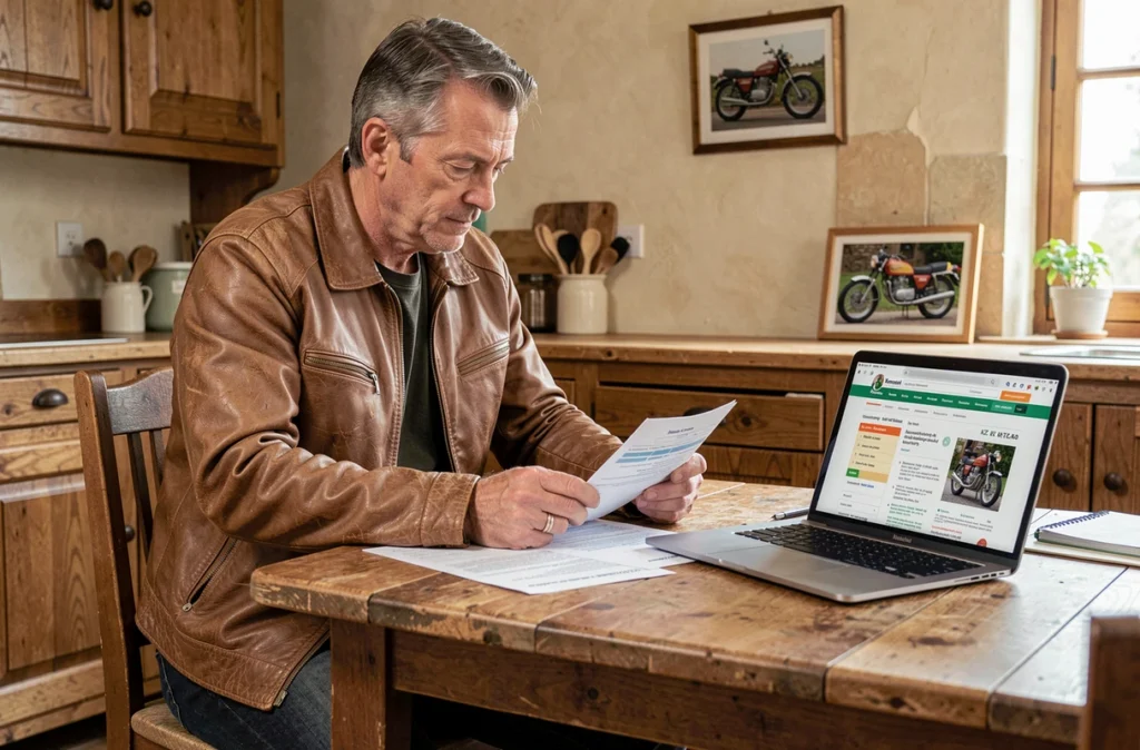 Propriétaire de moto ancienne comparant des offres d'assurance pour sa Kawasaki KZ 400 à sa table de cuisine