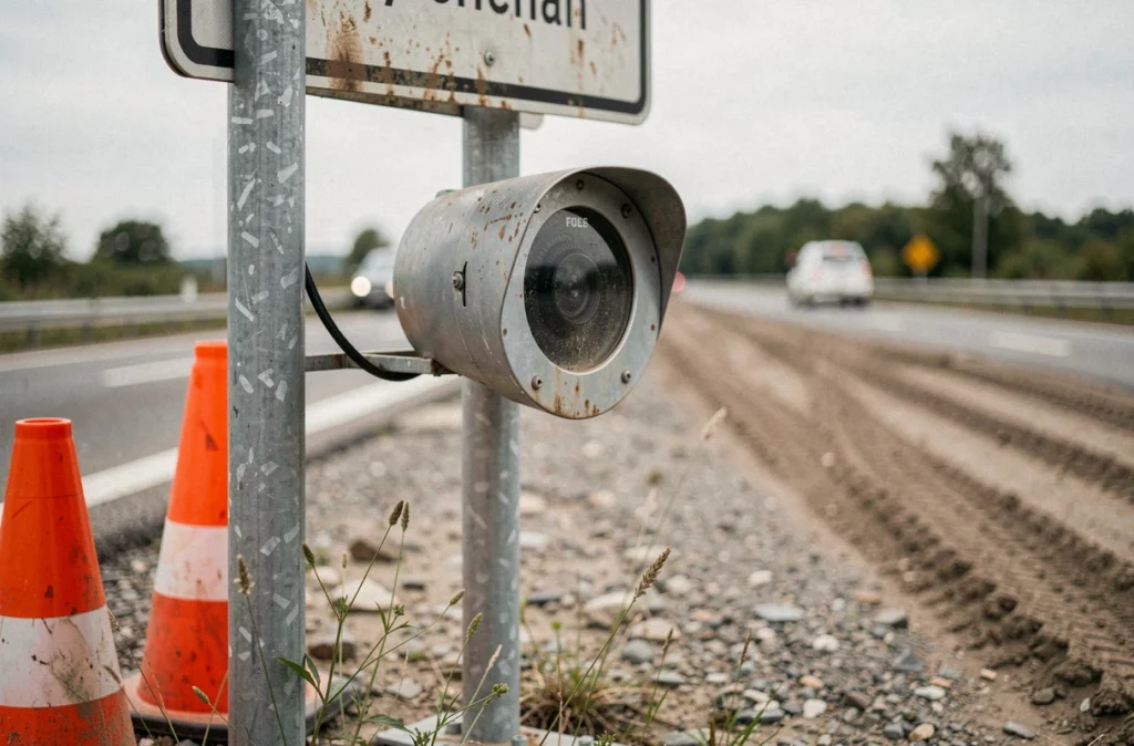 Radar de chantier temporaire sur route avec signalisation insuffisante et cônes de balisage mal positionnés
