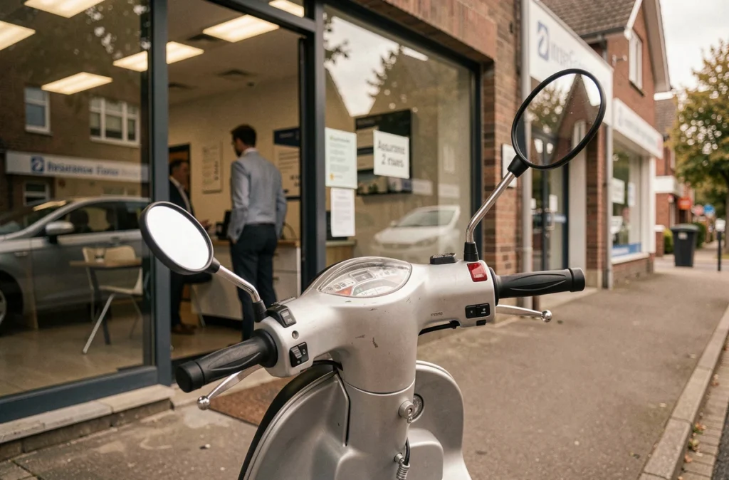 Scooter 125cc garé devant une agence d'assurance dans une rue commerçante de banlieue